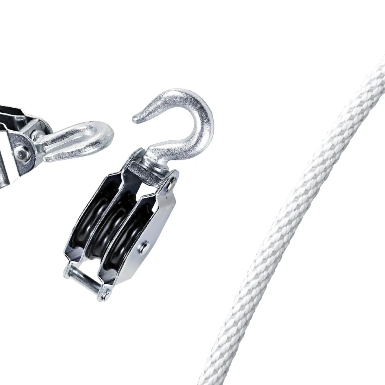 Block and tackle set with swivel hook