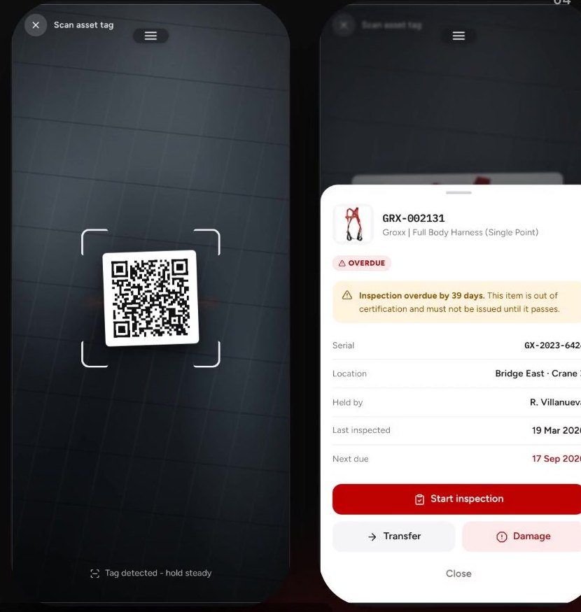 Scanning an asset tag with a phone in Groxx ASMA, showing an overdue harness