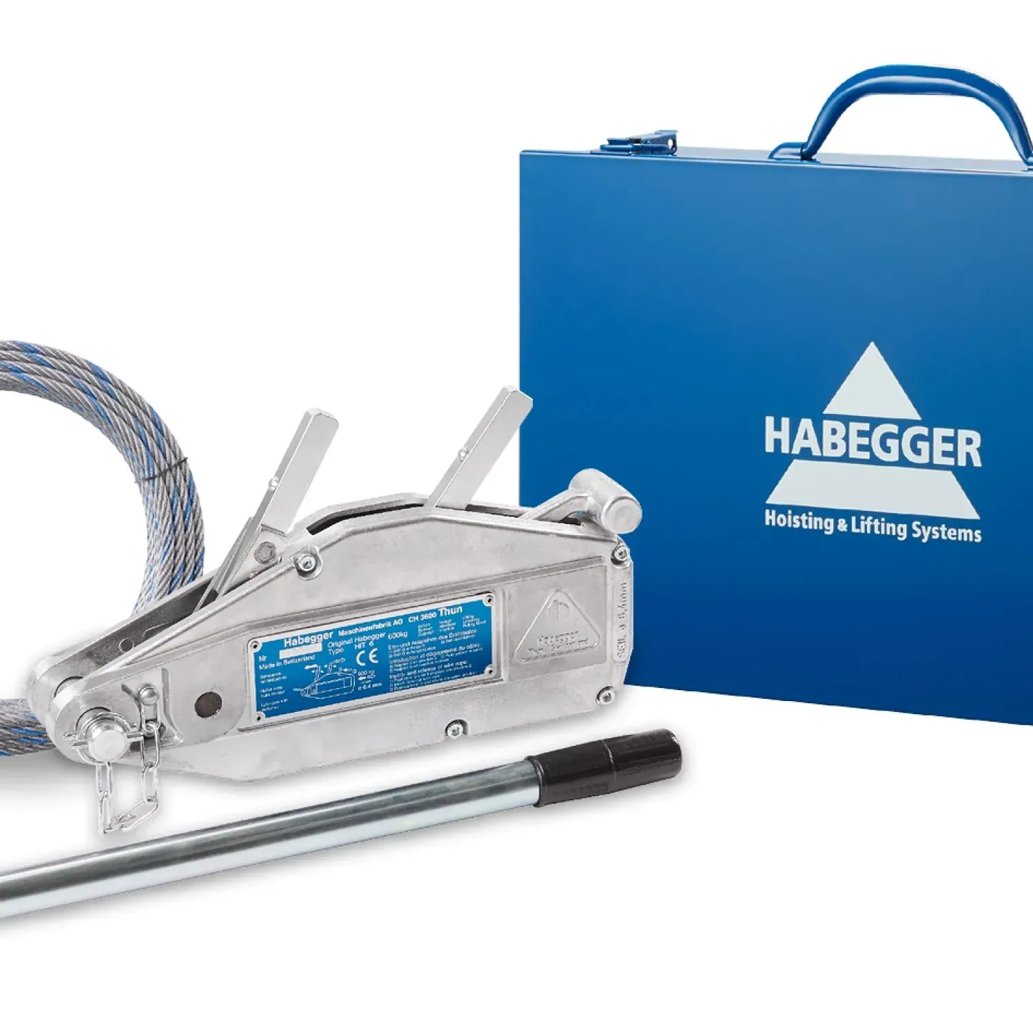 Habegger HIT-06 manual rope hoist with lever tube, rope and case
