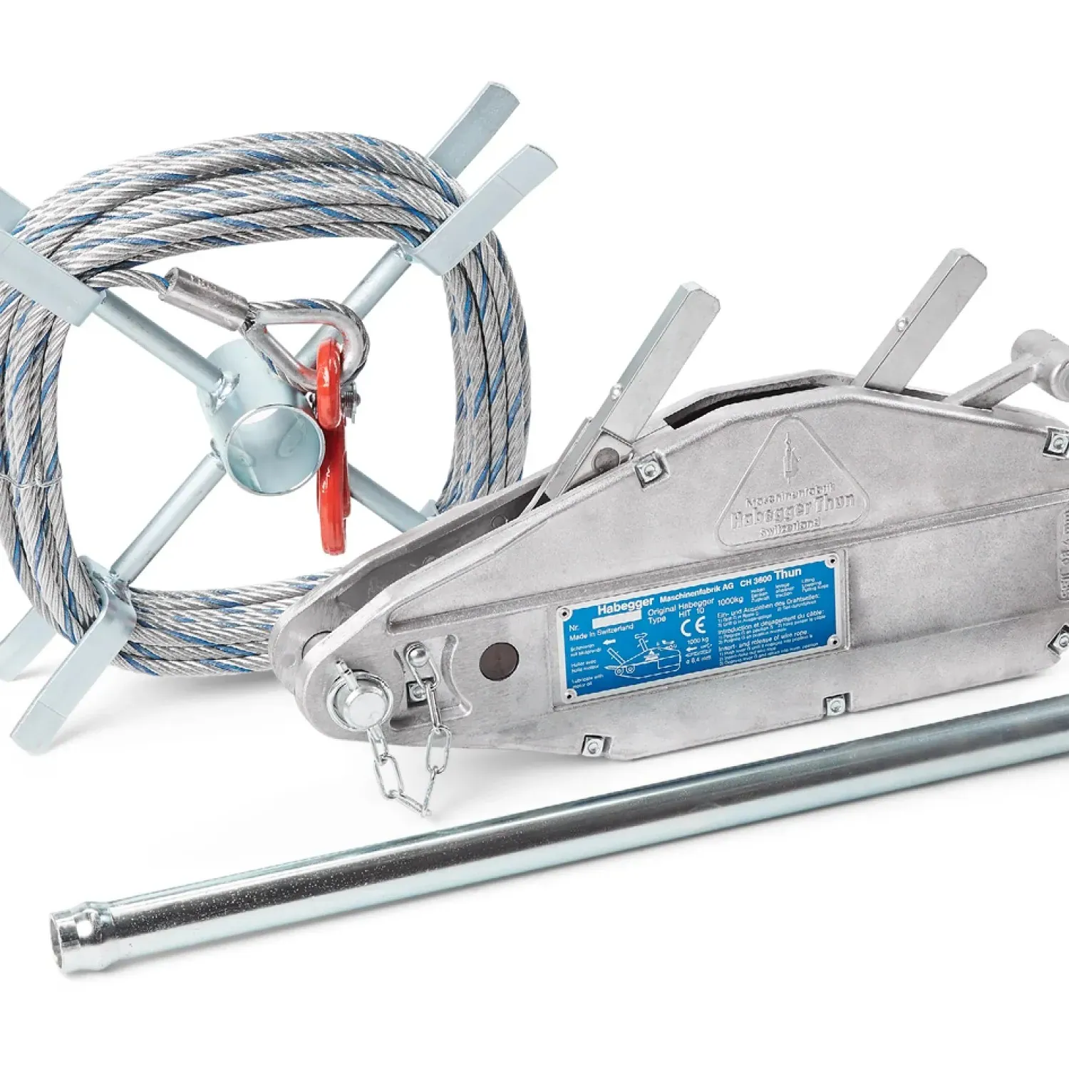Habegger HIT-10 manual rope hoist with lever tube and rope on reel