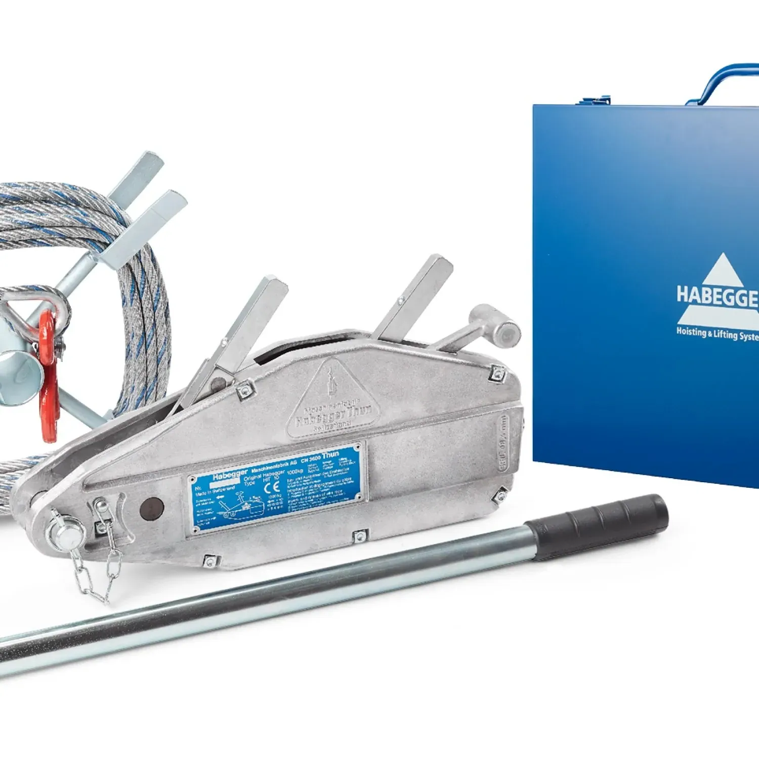 Habegger HIT-10 manual rope hoist with lever tube, rope and case