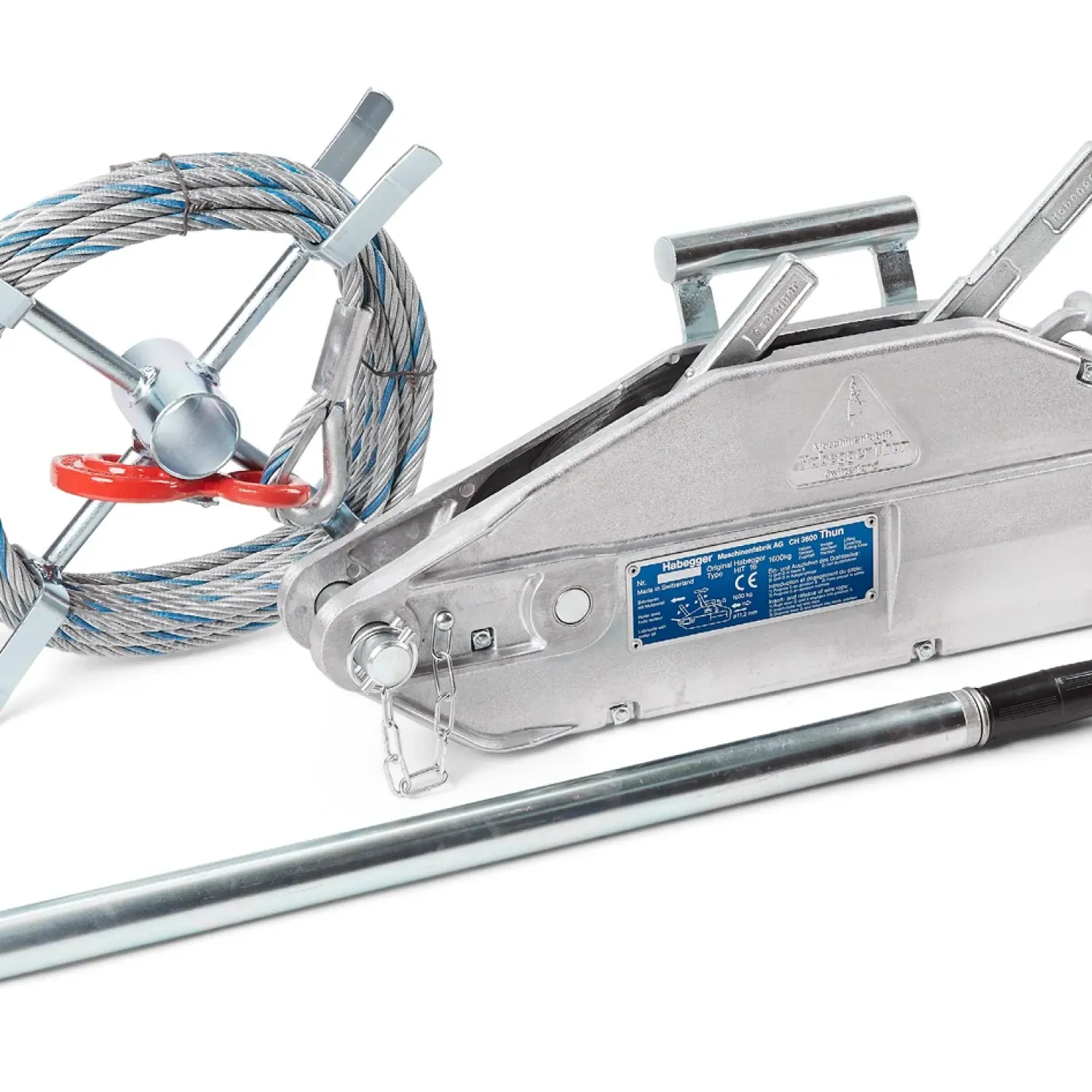 Habegger HIT-16 manual rope hoist with lever tube and rope on reel