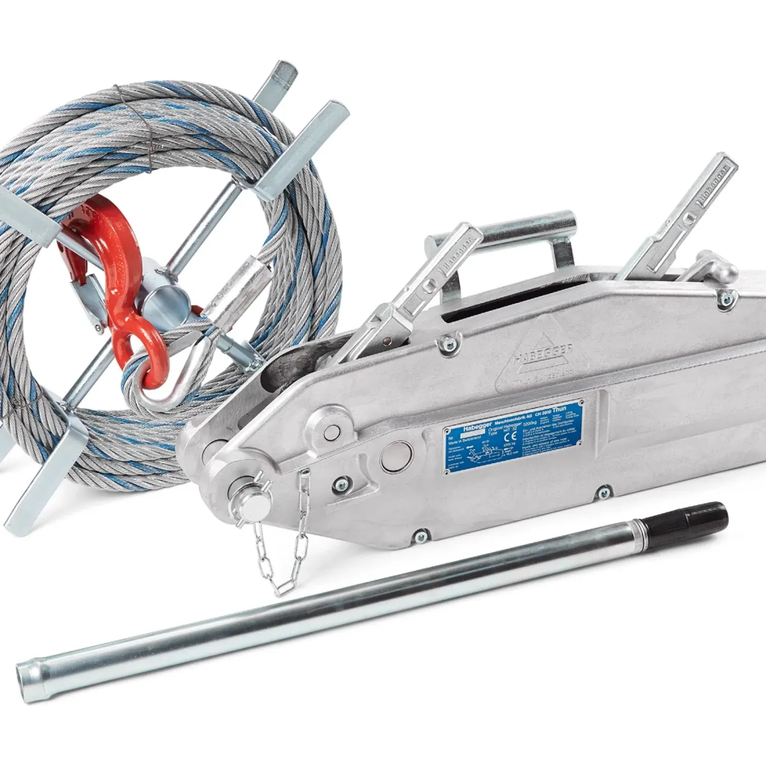 Habegger HIT-32 manual rope hoist with lever tube and rope on reel