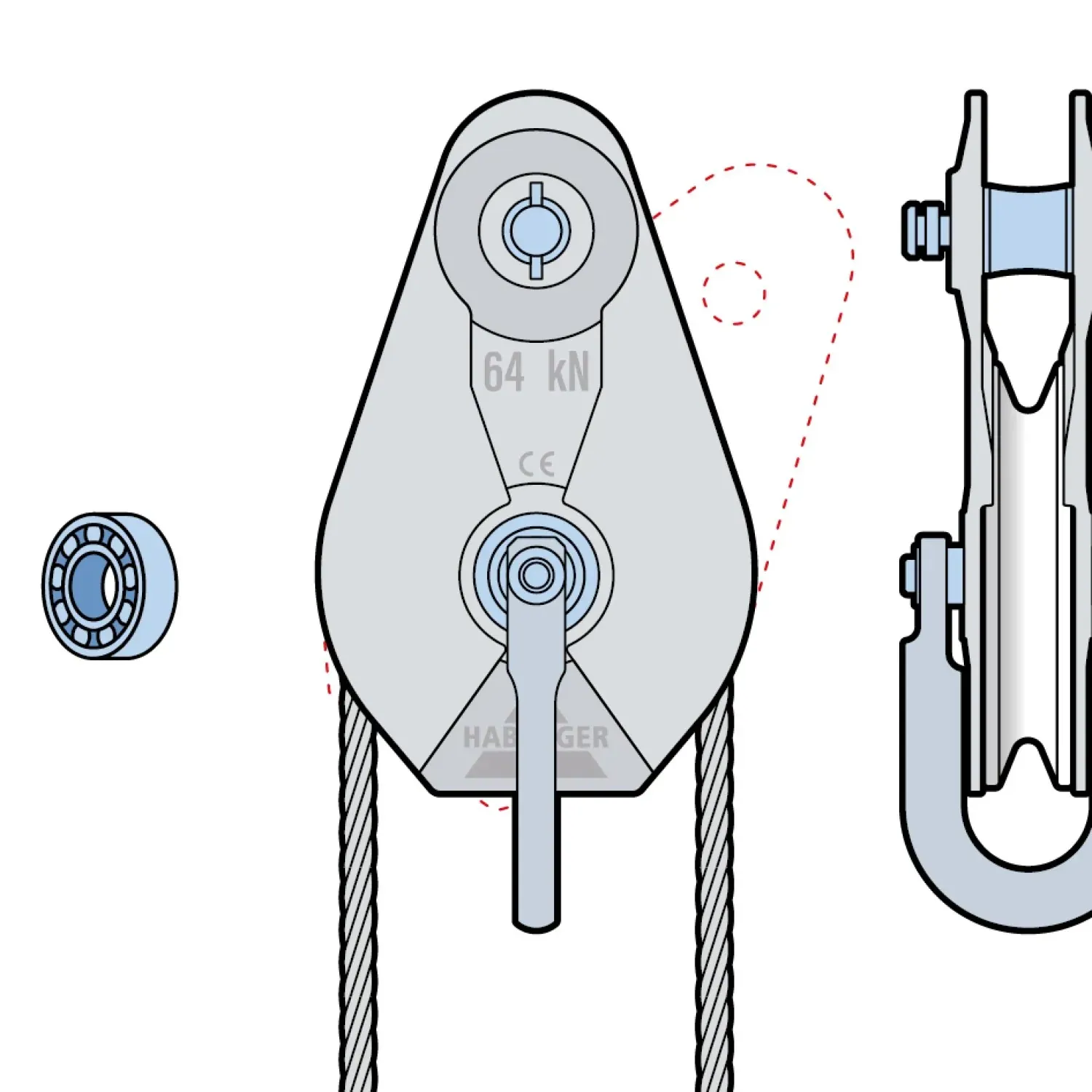 Rope pulley AL-A 1-roller, with ball bearing and anchorage 64 kN