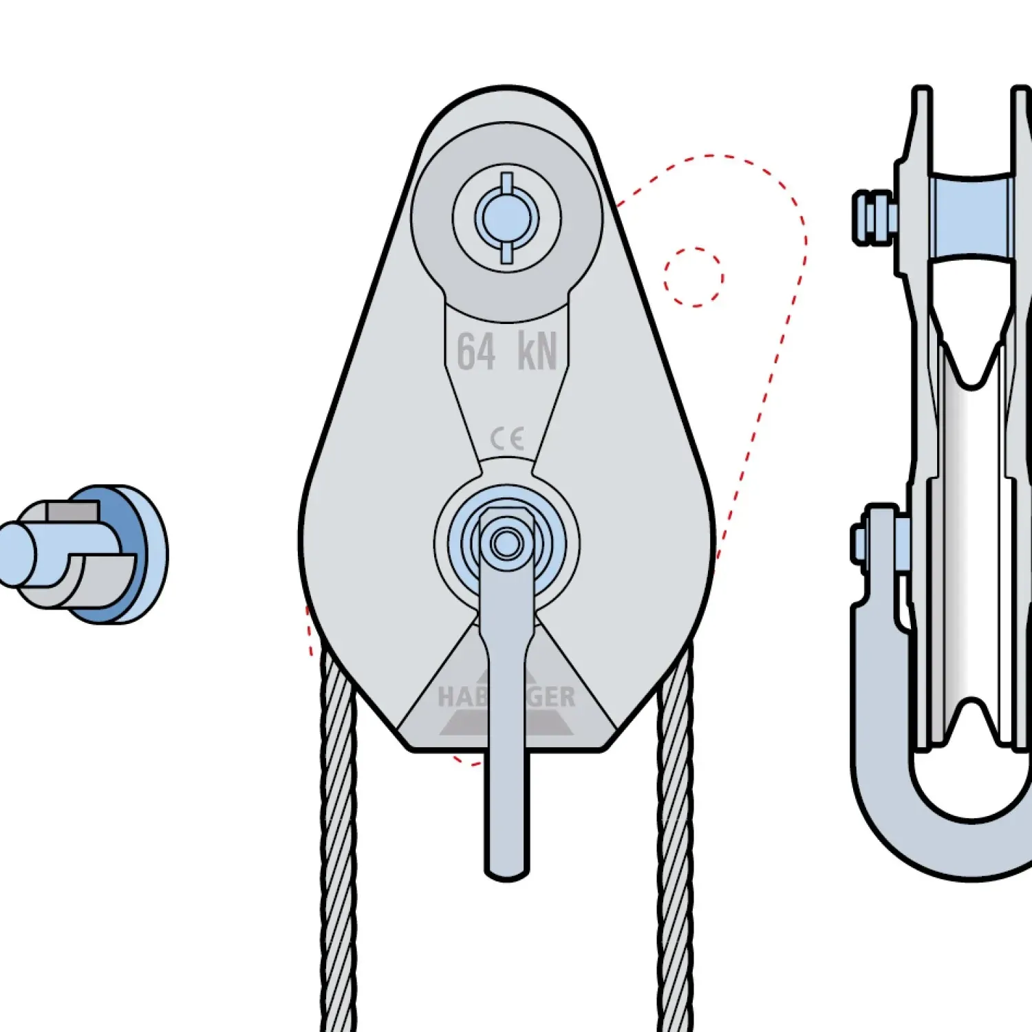 Rope pulley AL-A 1-roller, with plain bearing and anchorage 64 kN