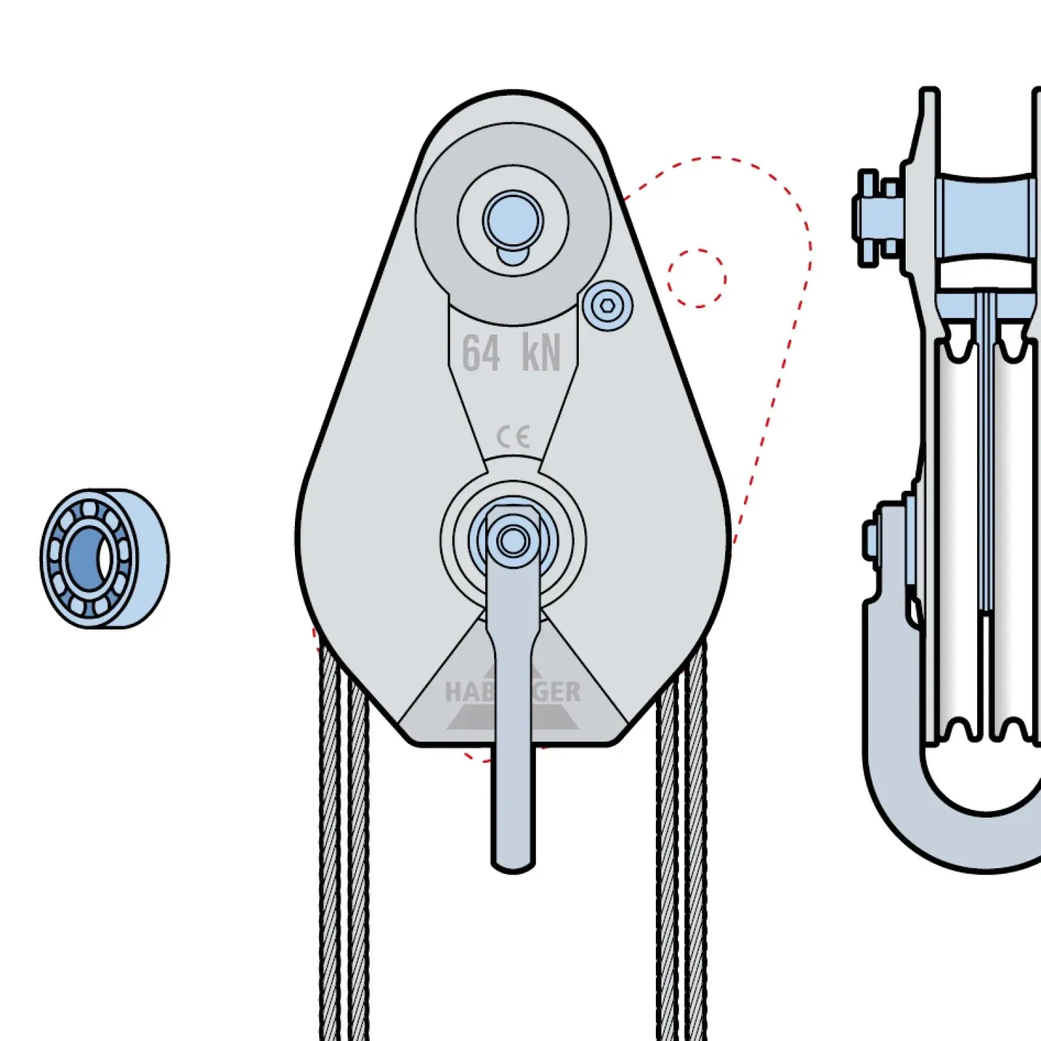 Rope pulley AL-A 2-roller, with ball bearing and anchorage 64 kN