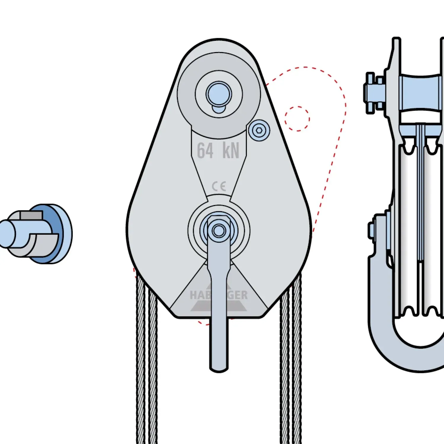 Rope pulley AL-A 2-roller, with plain bearing and anchorage 64 kN
