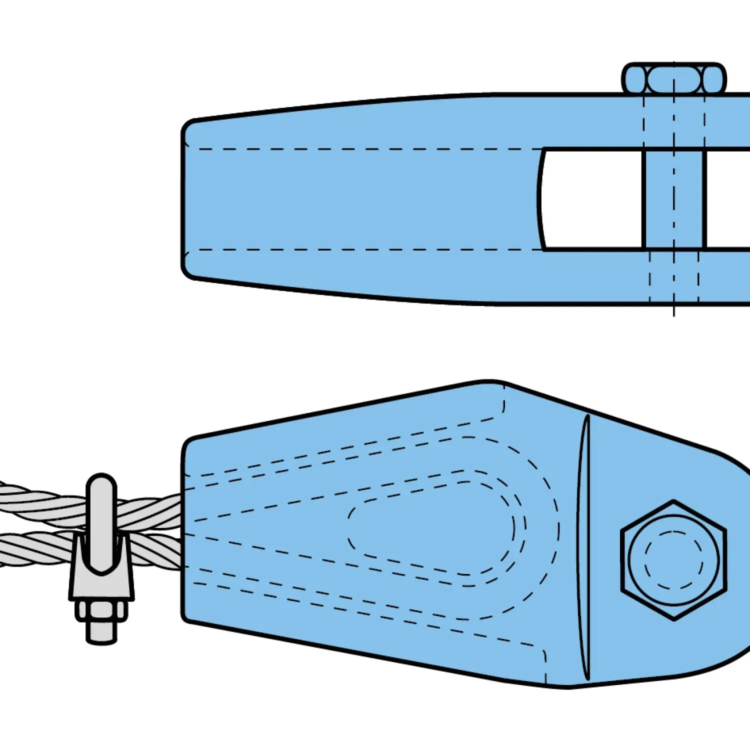 Rope socket with wedge and wire rope clip – short, heavy design