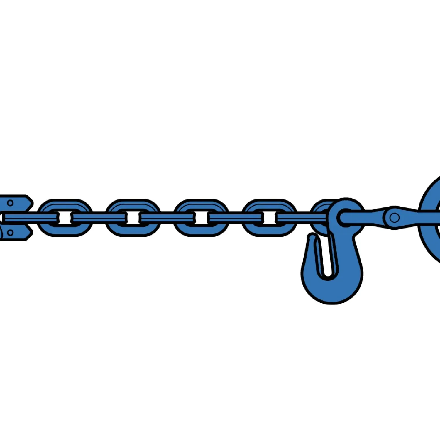 Square-link pulling chain with suspension link, clevis hook and shortening hook