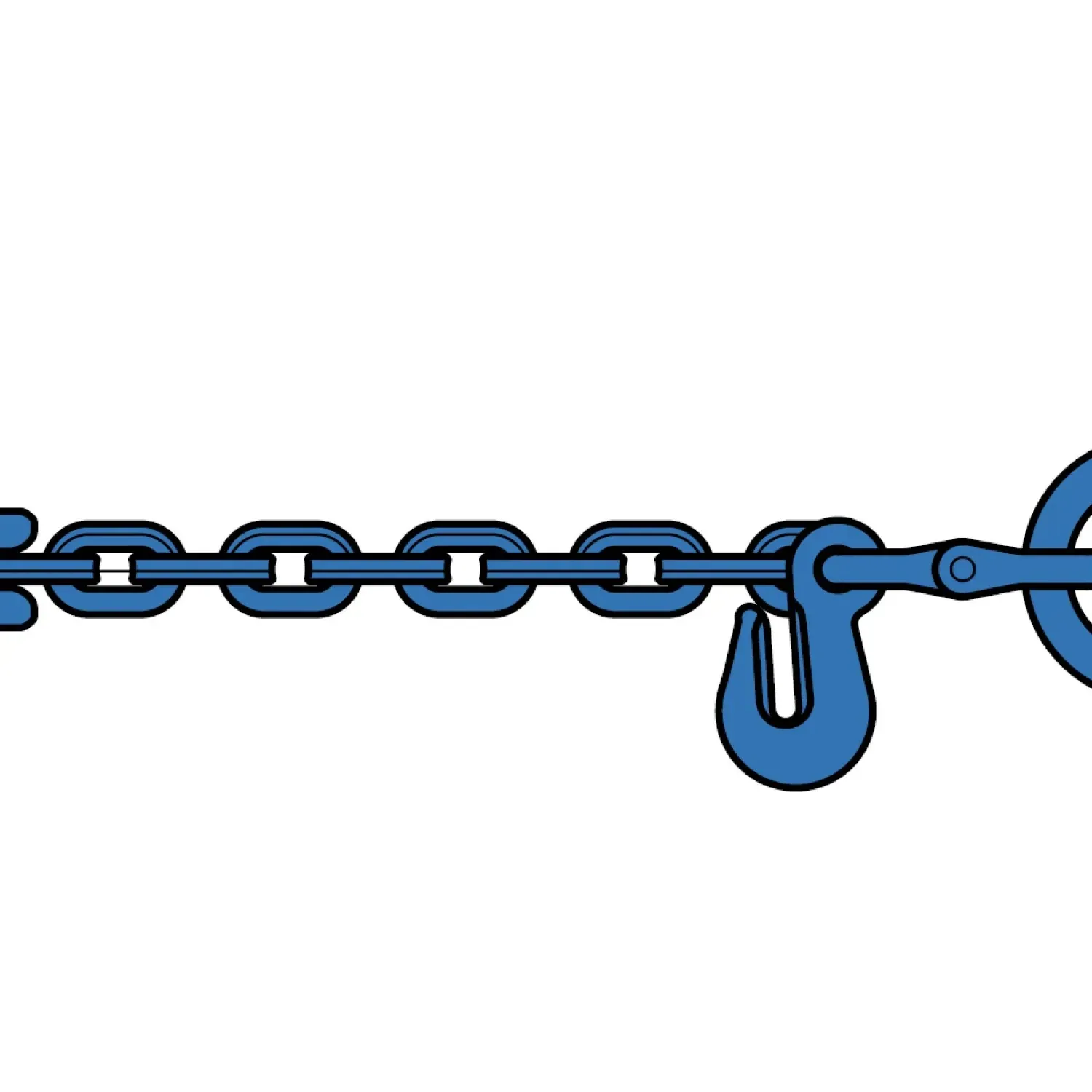 Square-link pulling chain with suspension link, sling hook and shortening hook